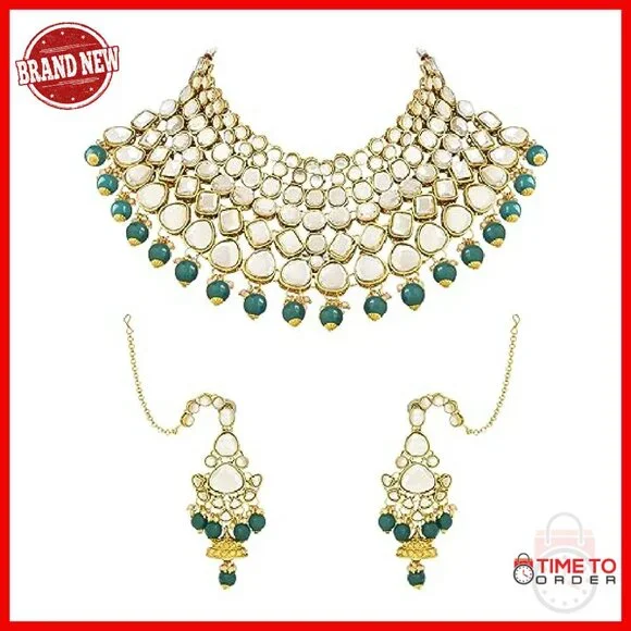 Gold Plated Kundan Bridal Jewelry Set with Pearl Necklace Earrings